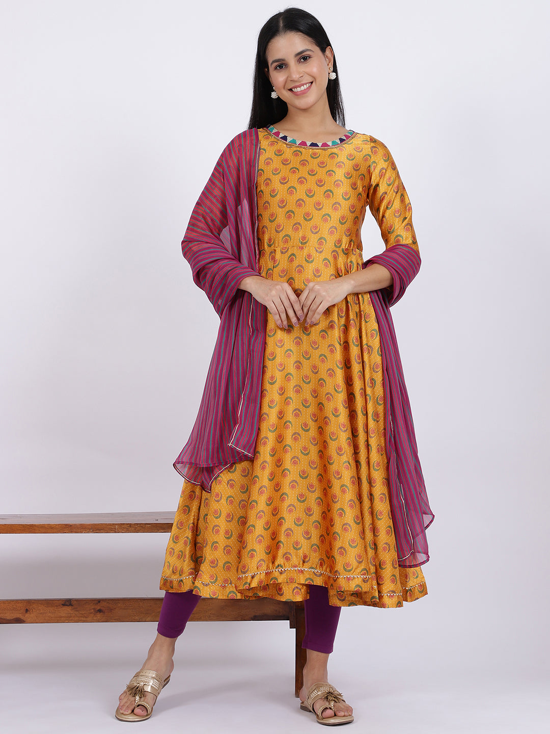 Mustard Yellow Flared Kurta, Tights And Dupatta Set