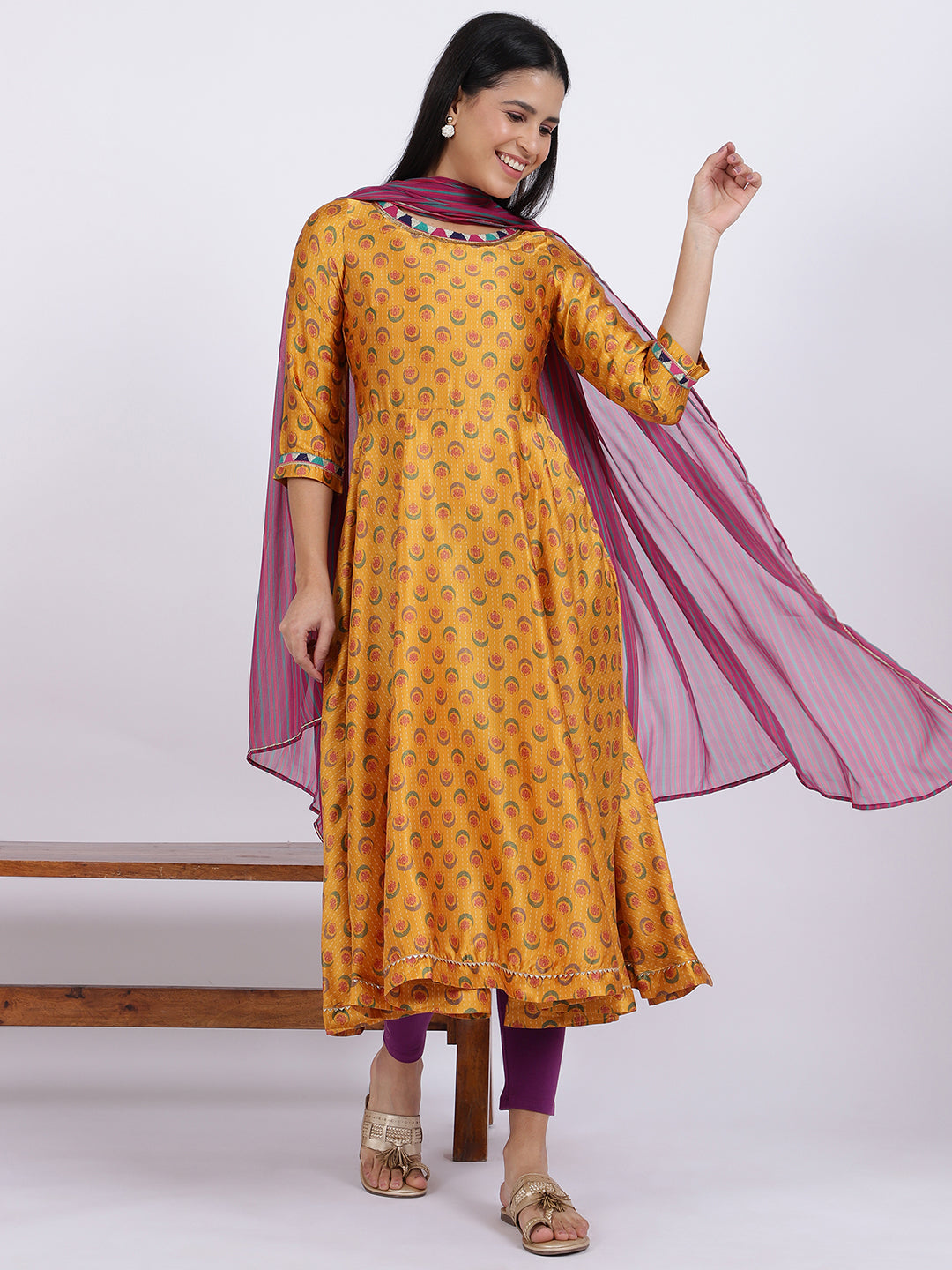 Mustard Yellow Flared Kurta, Tights And Dupatta Set