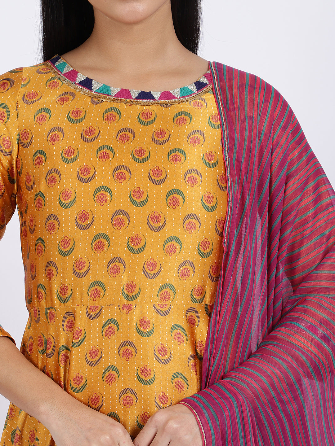 Mustard Yellow Flared Kurta, Tights And Dupatta Set