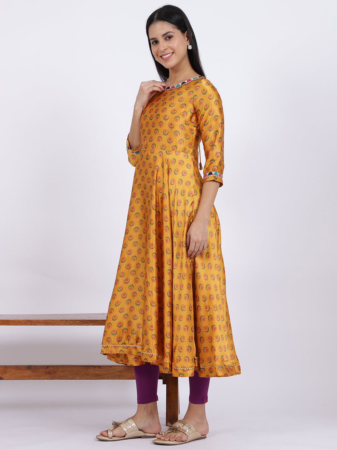 Mustard Yellow Flared Kurta, Tights And Dupatta Set