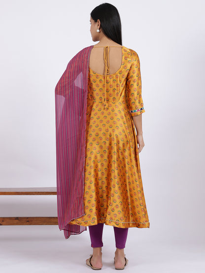 Mustard Yellow Flared Kurta, Tights And Dupatta Set