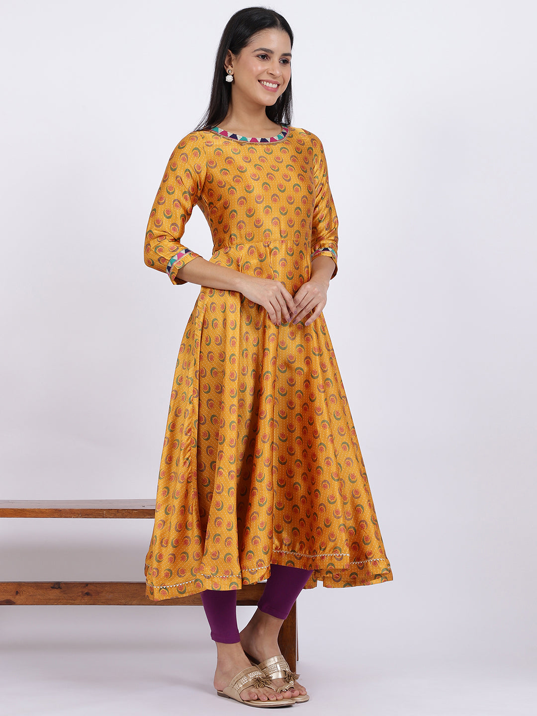 Mustard Yellow Flared Kurta, Tights And Dupatta Set