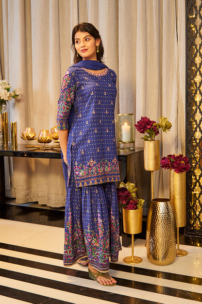 Blue Floral Printed Kurta, Sharara And Dupatta Set