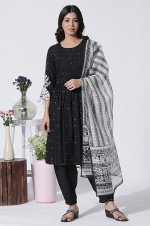 Black Flared Bandhani And Tei-Dyed Kurta, Side Gathered Pants And Kota Dupatta Set