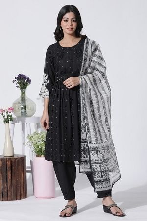 Black Flared Bandhani and Tei-Dyed Kurta, Side Pants and Kota Dupatta Set