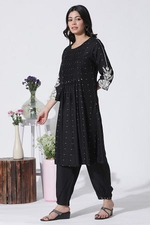 Black Flared Bandhani And Tei-Dyed Kurta, Side Gathered Pants And Kota Dupatta Set