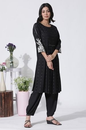 Black Flared Bandhani And Tei-Dyed Kurta, Side Gathered Pants And Kota Dupatta Set