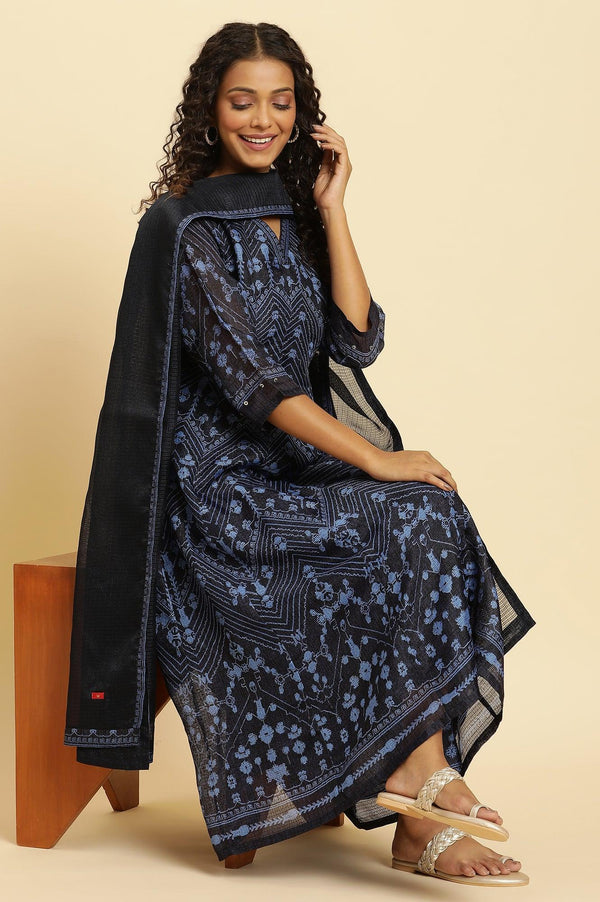 Navy Blue Printed Kota Kurta, Pants And Dupatta Set
