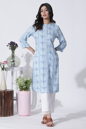 Blue Geometric Print Shirt Kurta And Straight Pants Set