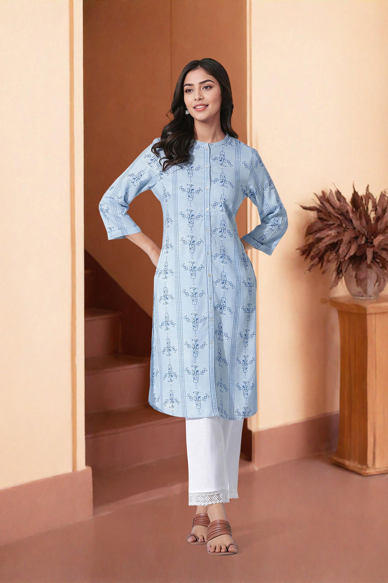 Blue Geometric Print Shirt Kurta And Straight Pants Set