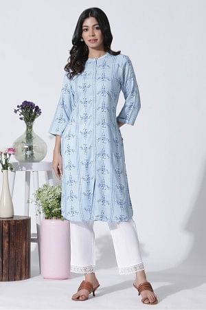 Blue Geometric Print Shirt Kurta And Straight Pants Set