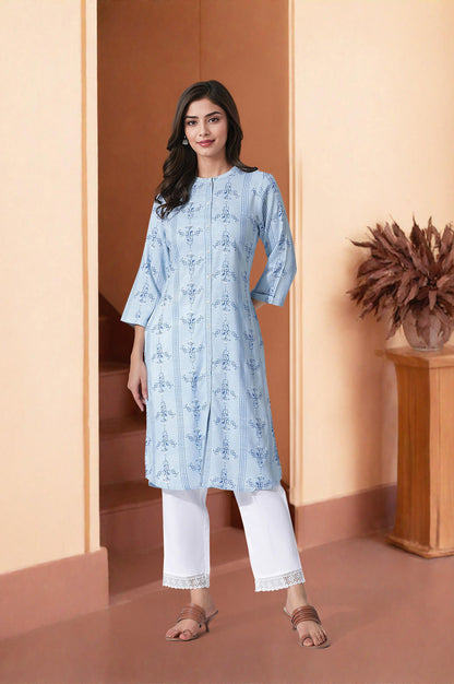 Blue Geometric Print Shirt Kurta And Straight Pants Set