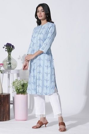 Blue Geometric Print Shirt Kurta And Straight Pants Set