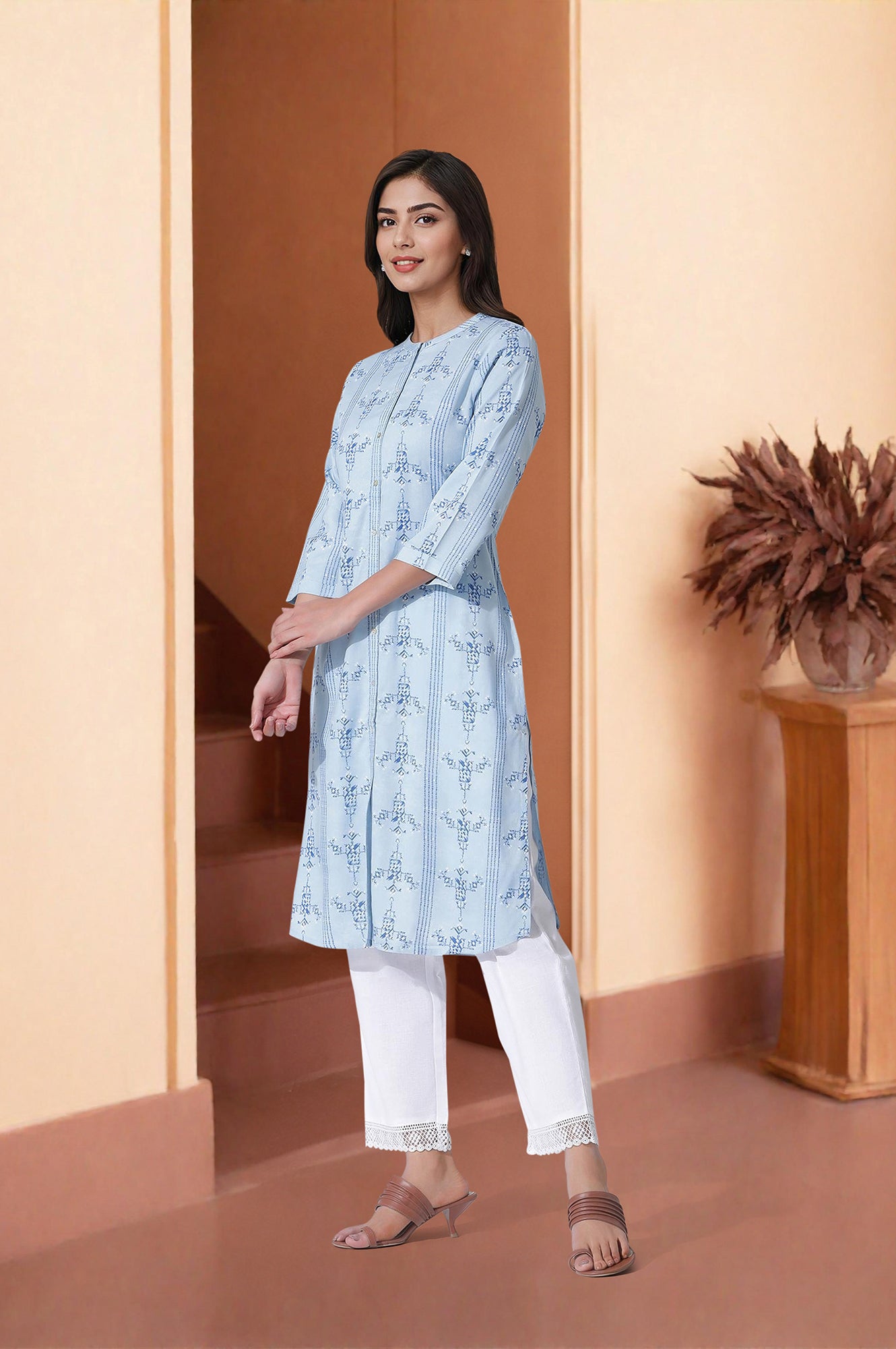 Blue Geometric Print Shirt Kurta And Straight Pants Set