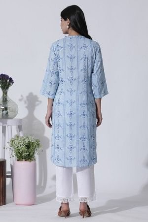 Blue Geometric Print Shirt Kurta And Straight Pants Set