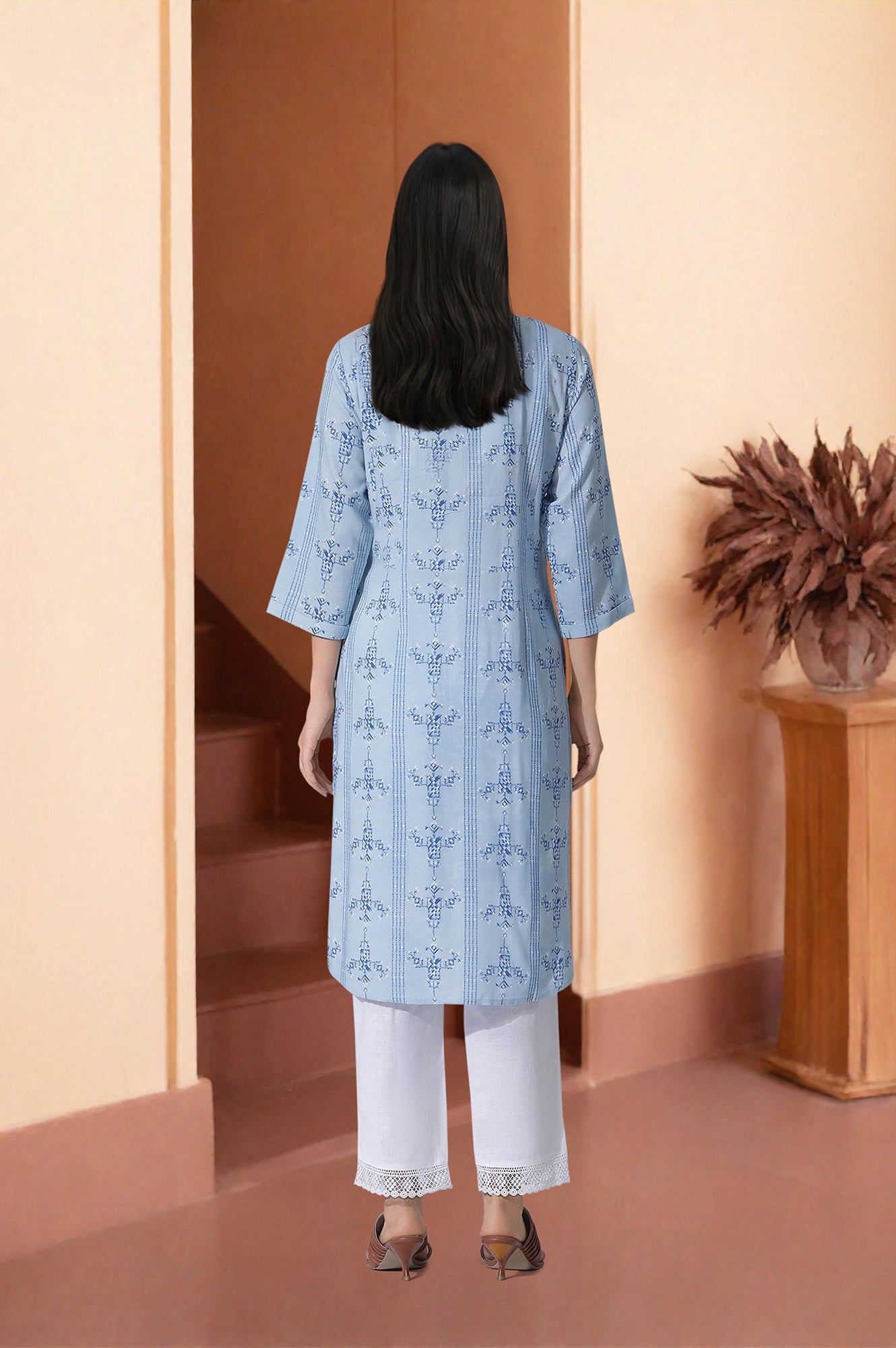 Blue Geometric Print Shirt Kurta And Straight Pants Set