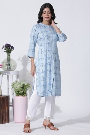 Blue Geometric Print Shirt Kurta And Straight Pants Set