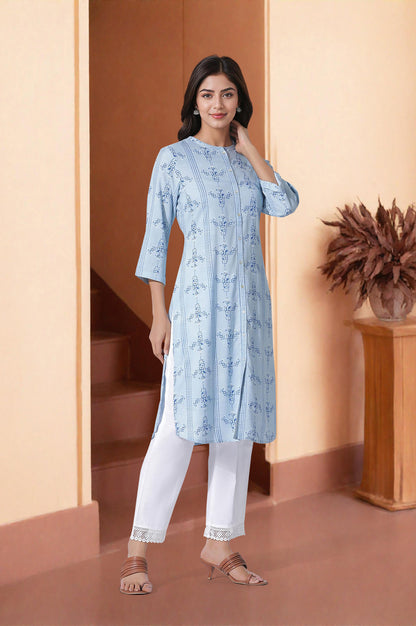 Blue Geometric Print Shirt Kurta And Straight Pants Set