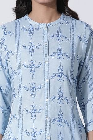 Blue Geometric Print Shirt Kurta And Straight Pants Set