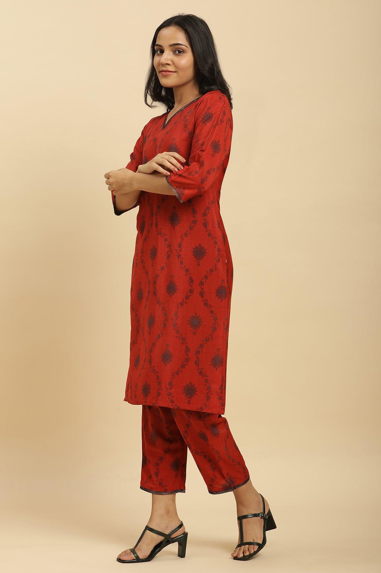Red Sequined Printed Kurta, Pants And Dupatta Set - wforwoman