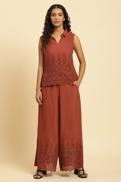 Dark Red Cotton Schiffli Top And Pants Set - wforwoman