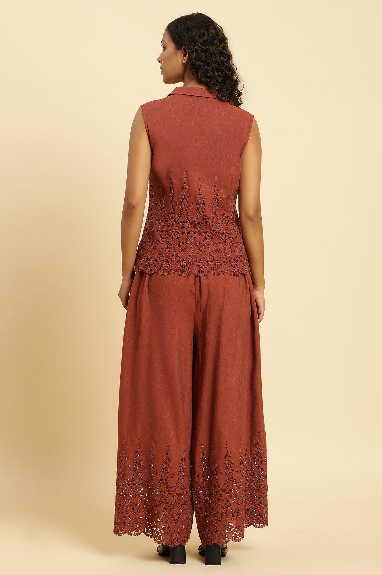 Dark Red Cotton Schiffli Top And Pants Set - wforwoman