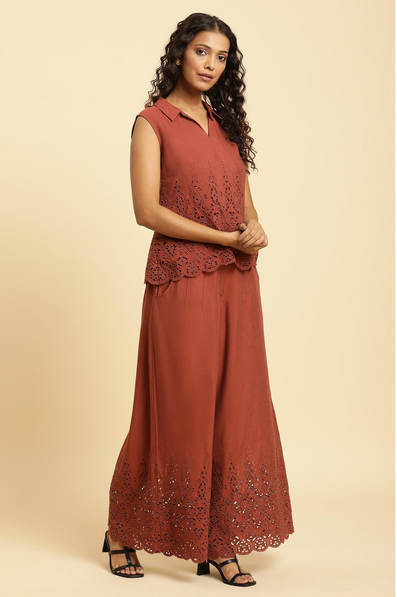 Dark Red Cotton Schiffli Top And Pants Set - wforwoman