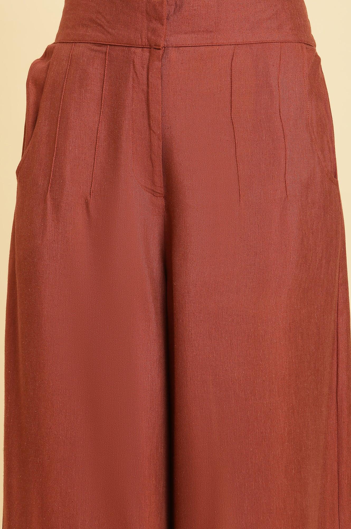 Dark Red Cotton Schiffli Top And Pants Set - wforwoman