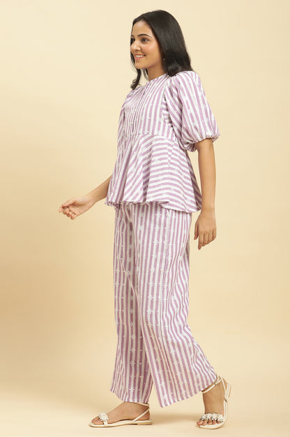 Purple And White Stripe Schiffli Peplum Top And Pants Set