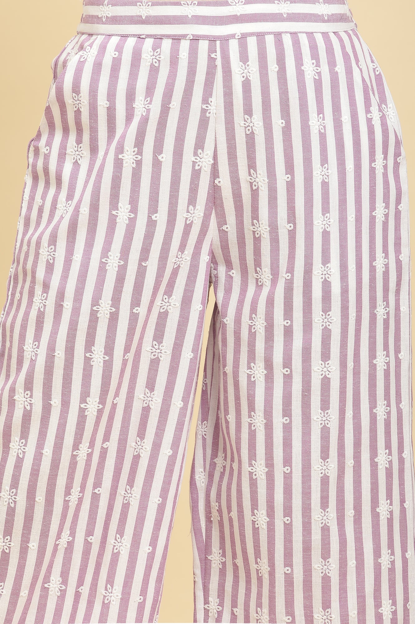 Purple And White Stripe Schiffli Peplum Top And Pants Set