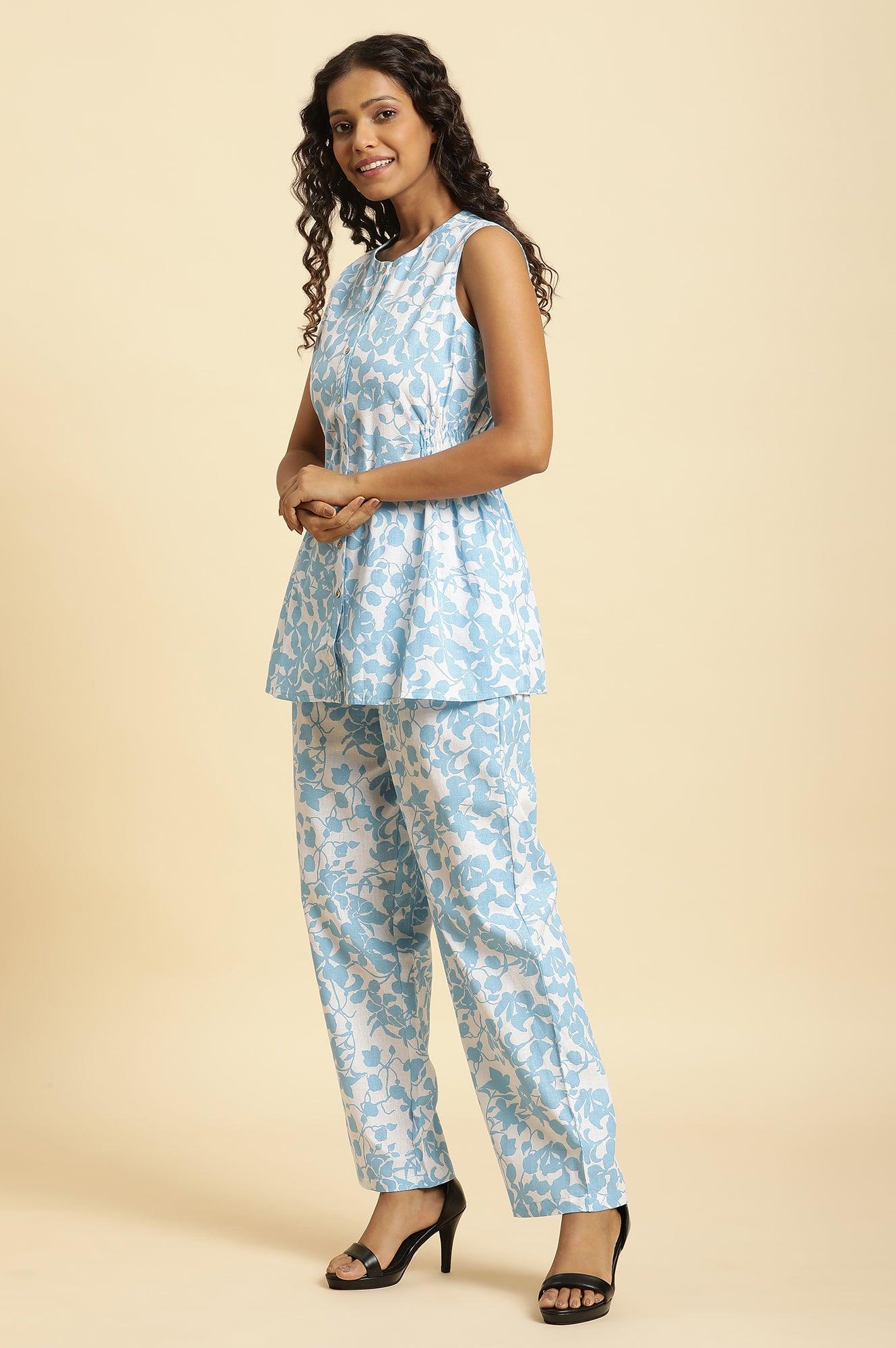 White And Blue Floral Printed Top And Pants Co-Ord Set - wforwoman