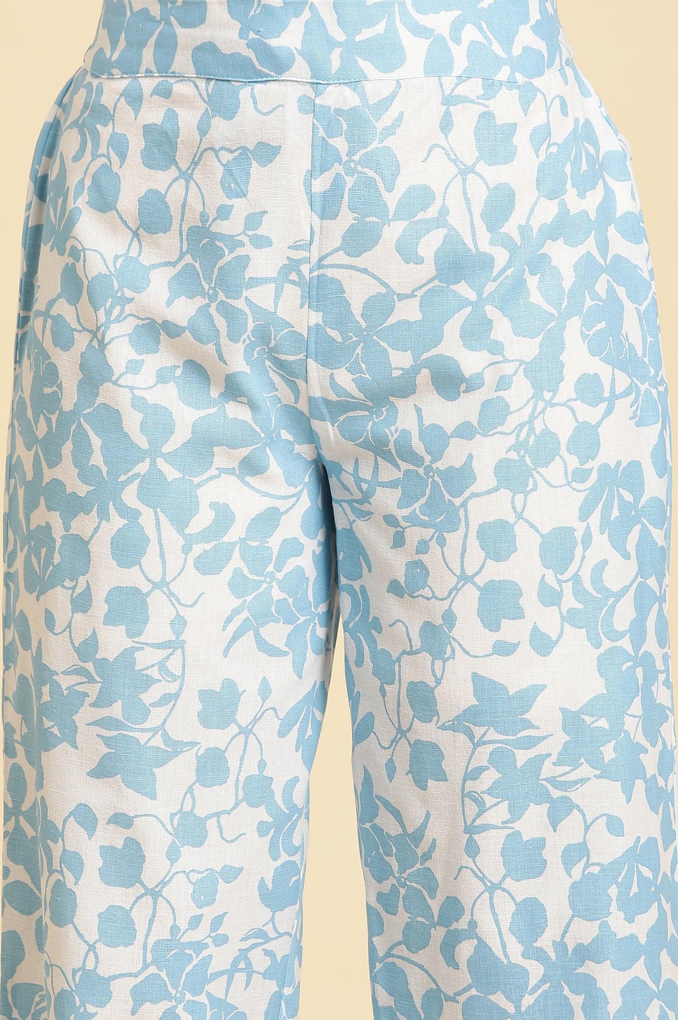 White And Blue Floral Printed Top And Pants Co-Ord Set - wforwoman