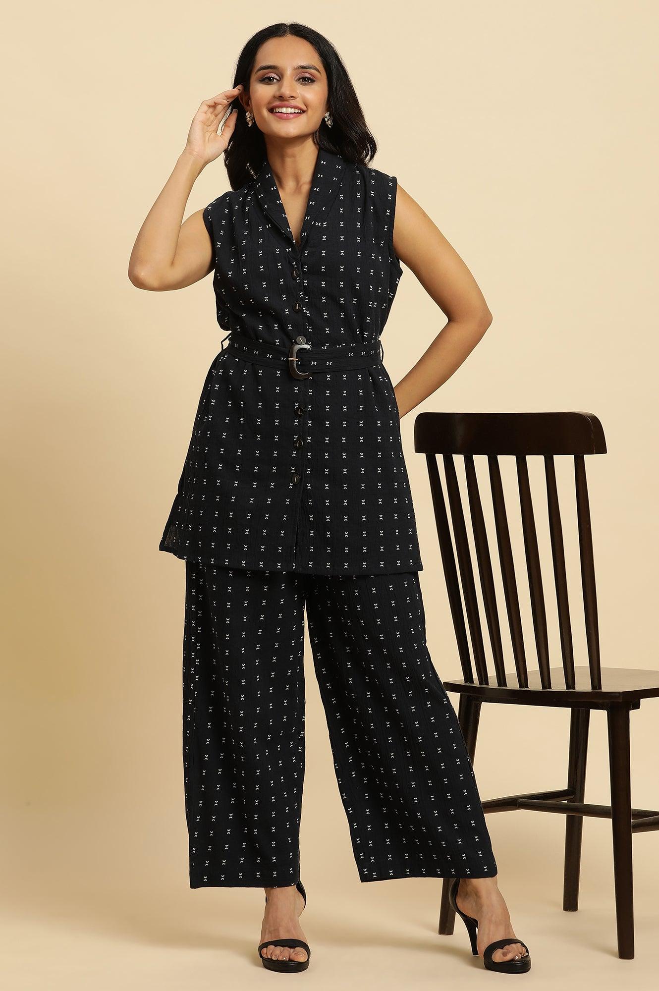 Navy Blue Sleeveless Cotton Dobby Kurta And Pant Co-Ord Set - wforwoman