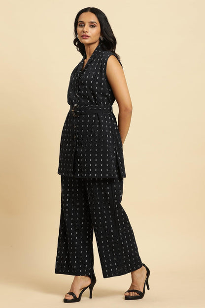 Navy Blue Sleeveless Cotton Dobby Kurta And Pant Co-Ord Set - wforwoman