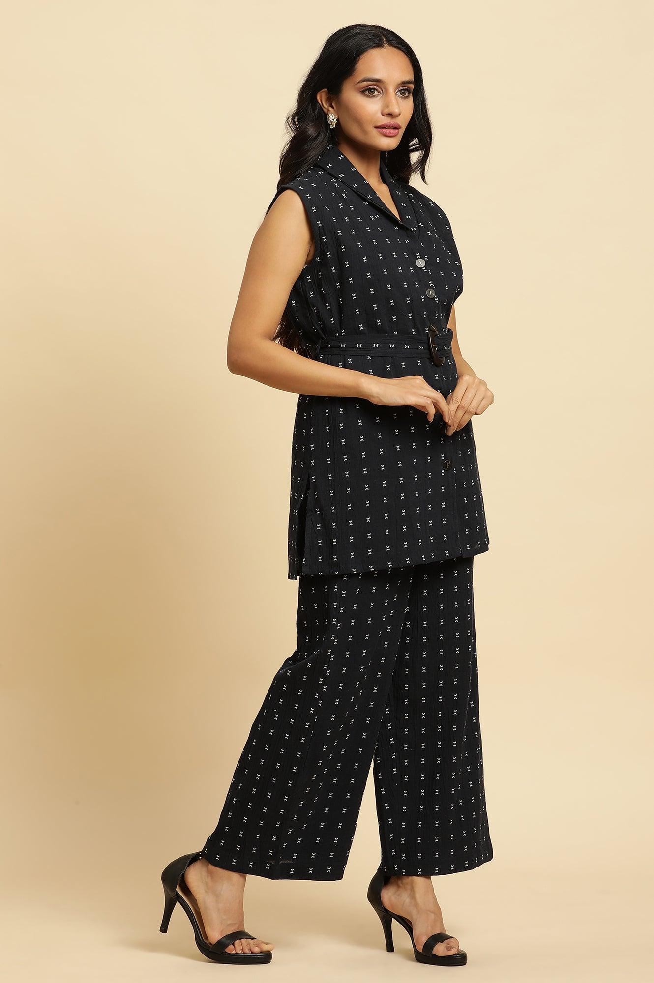 Navy Blue Sleeveless Cotton Dobby Kurta And Pant Co-Ord Set - wforwoman