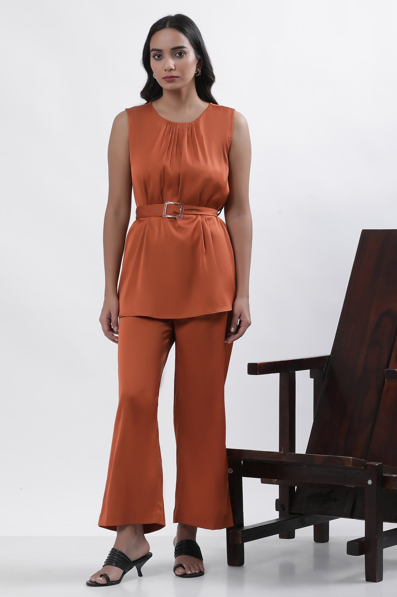 Orange Satin Sleeveless Top With Belt And Pants Set