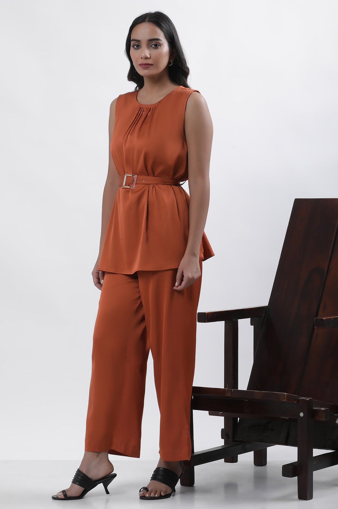 Orange Satin Sleeveless Top With Belt And Pants Set