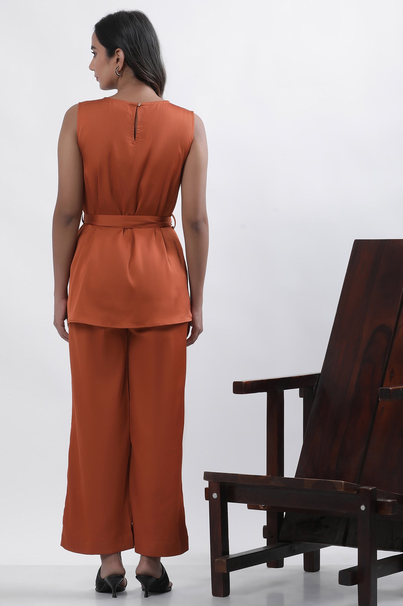 Orange Satin Sleeveless Top With Belt And Pants Set