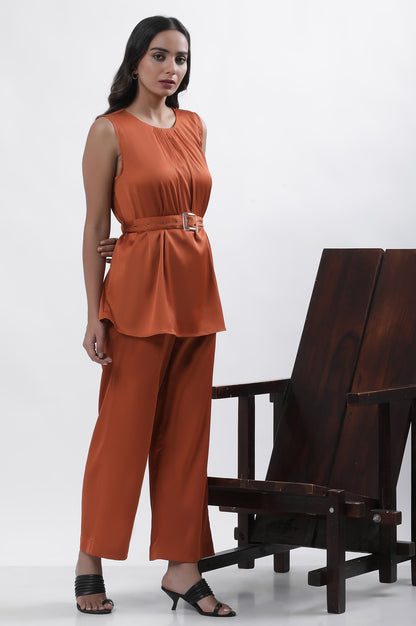 Orange Satin Sleeveless Top With Belt And Pants Set