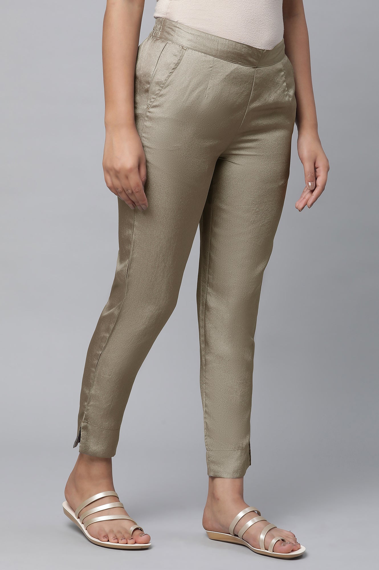 Green Solid Trouser Pants in Korean Silk