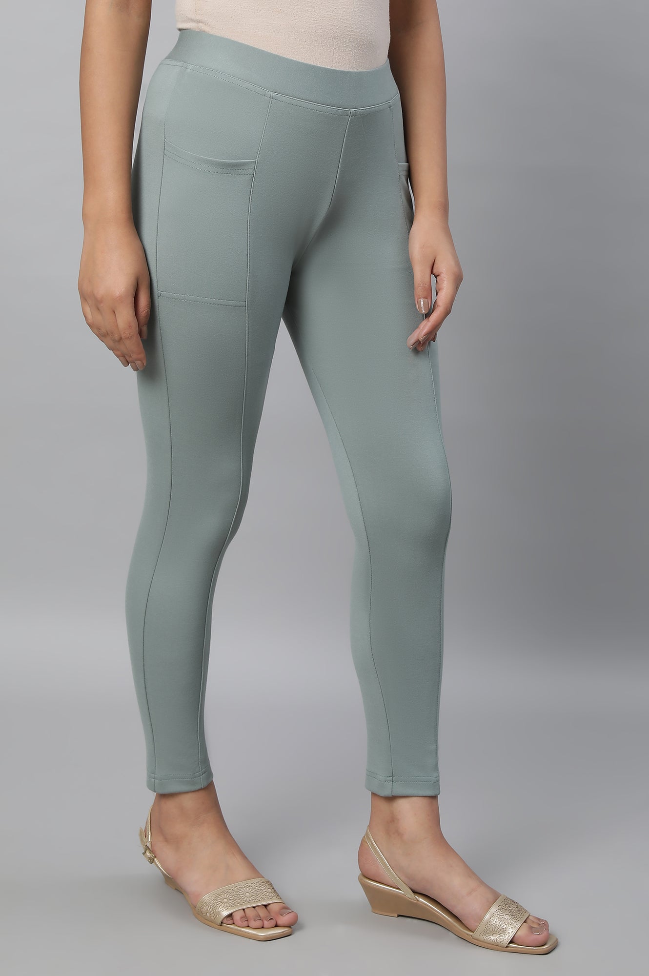 Green Solid Yoga Tights