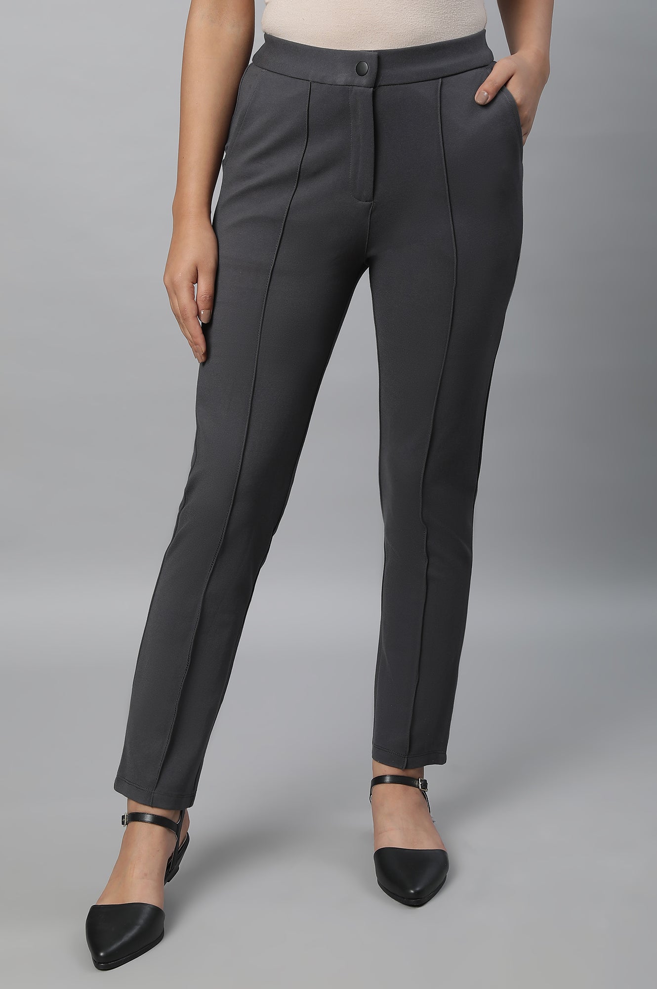 Grey Solid Pintuck Trousers