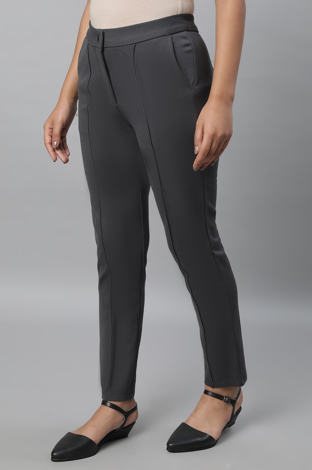 Grey Solid Pintuck Trousers