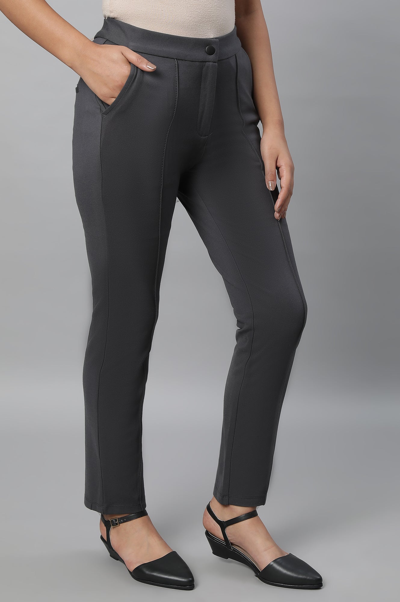 Grey Solid Pintuck Trousers