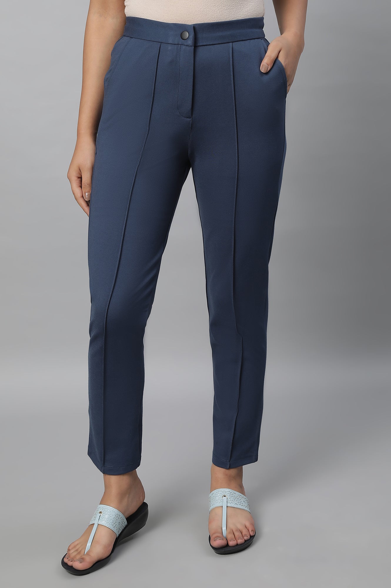 Blue Solid Pintuck Trousers