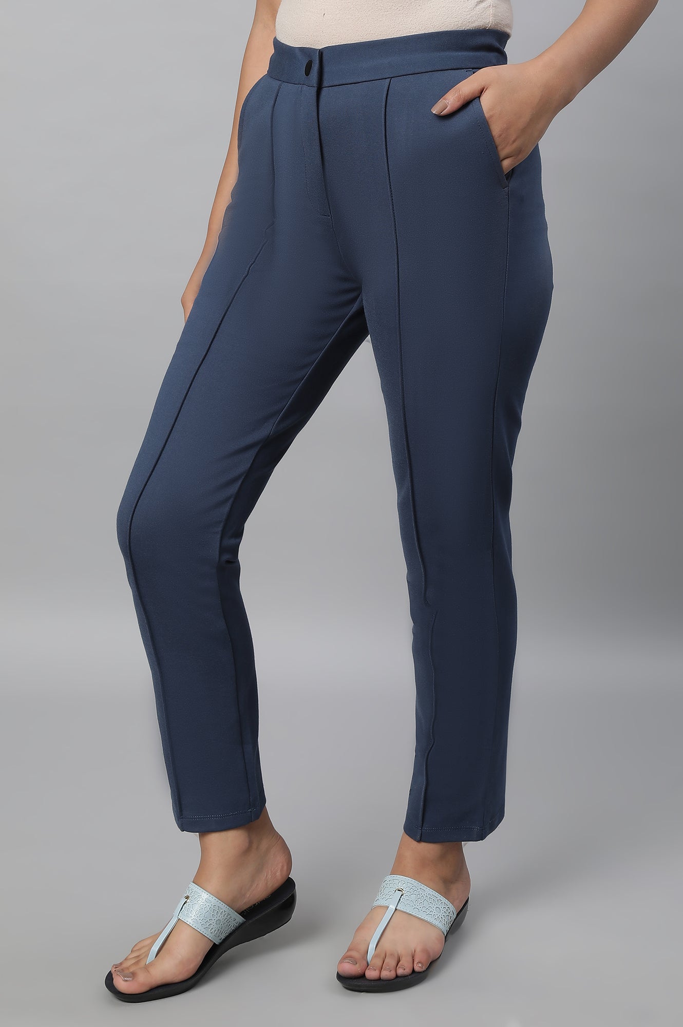 Blue Solid Pintuck Trousers