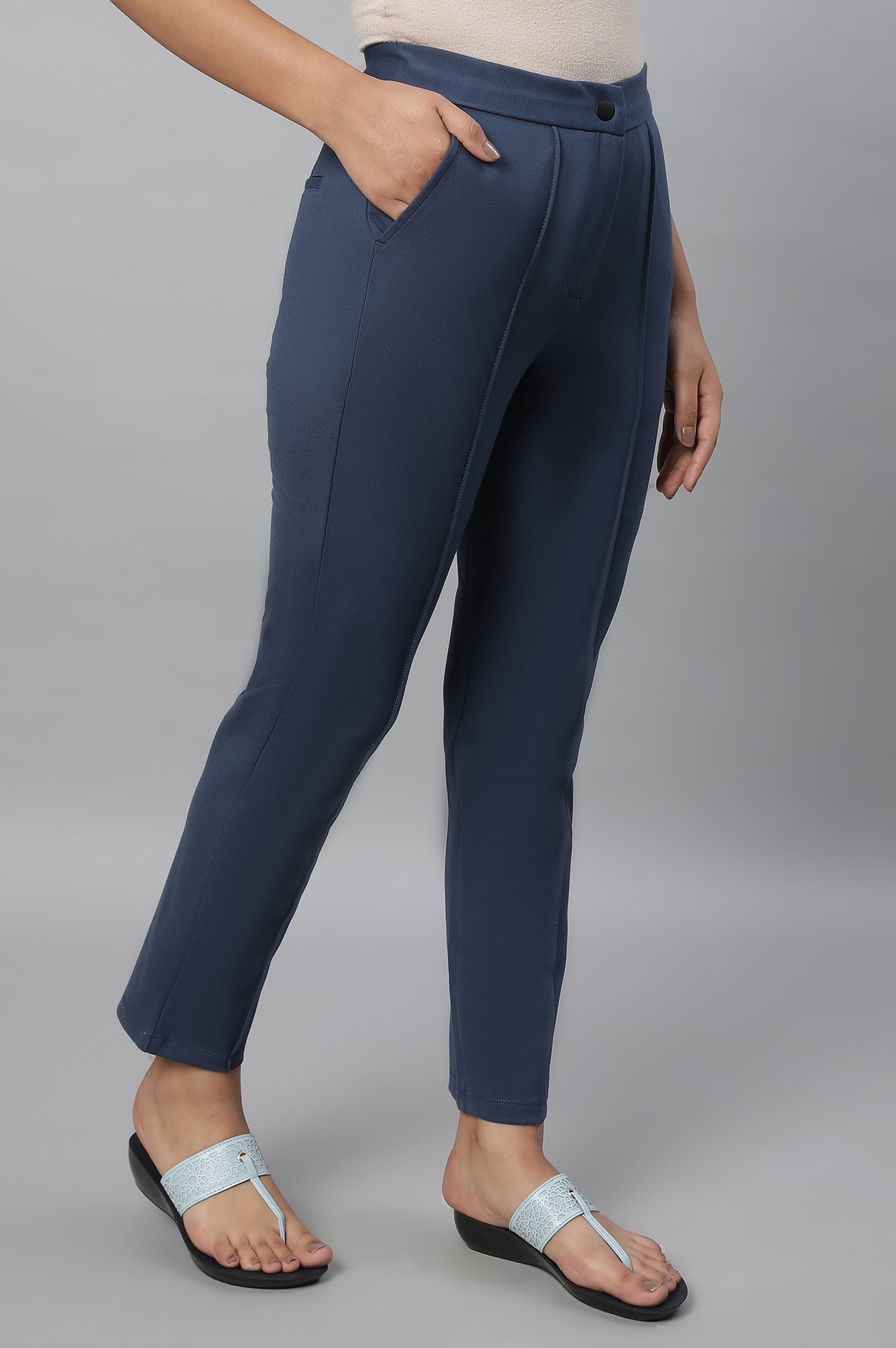 Blue Solid Pintuck Trousers