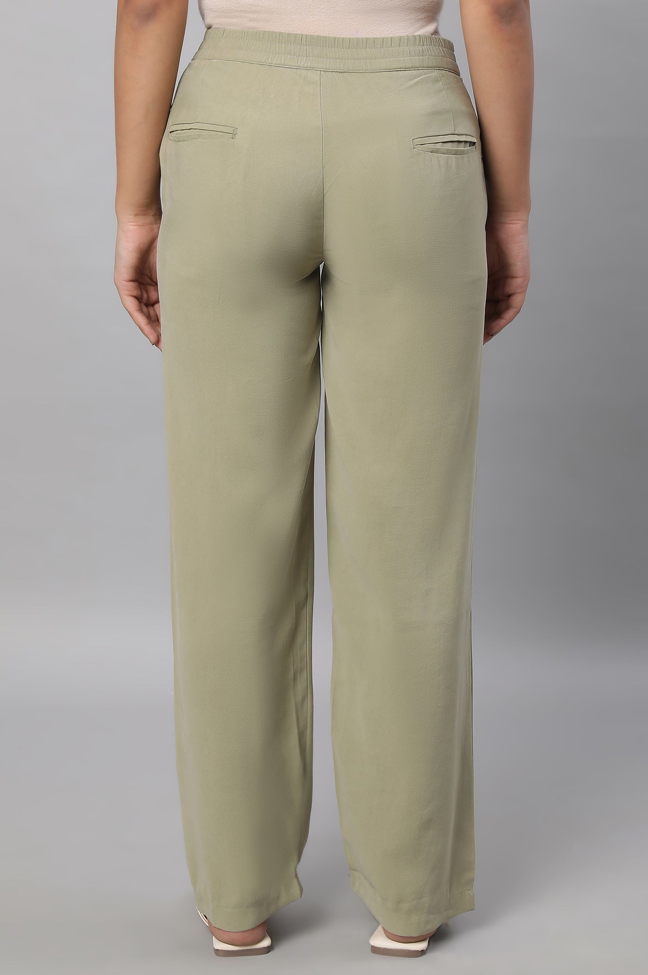Muted Sage Green Solid Straight Fit Woven Pants With Pintuck