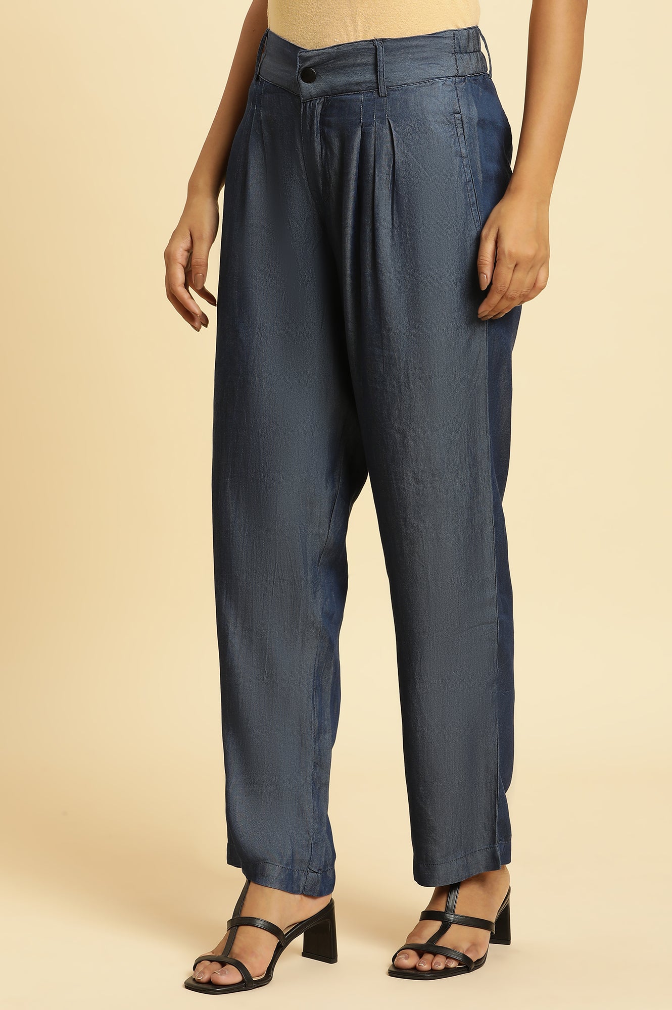 Blue Denim Tencil Pleated Parallel Pants