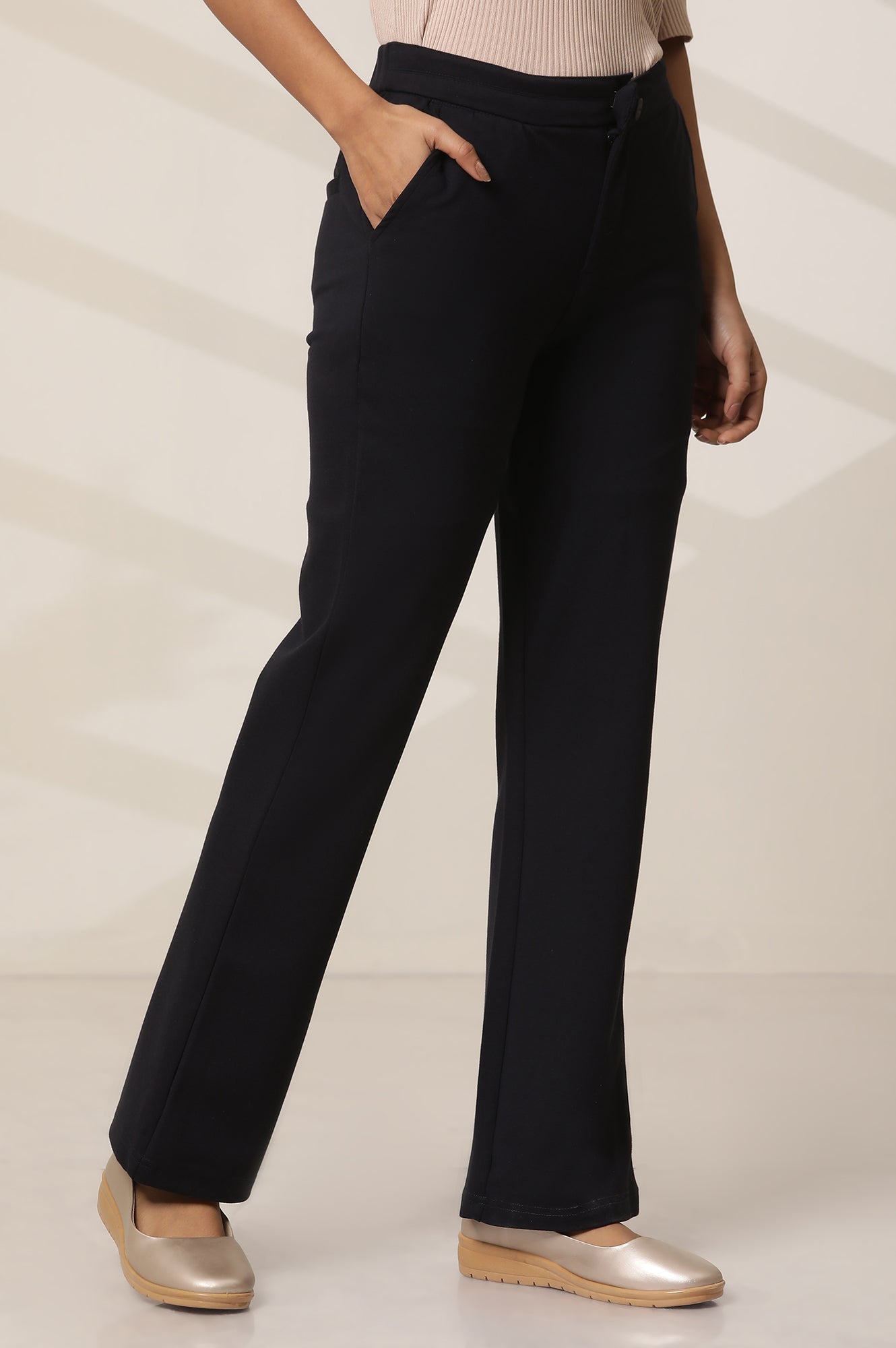 Navy Blue Solid Flared Knit Pants with Elasticated Waist – wforwoman